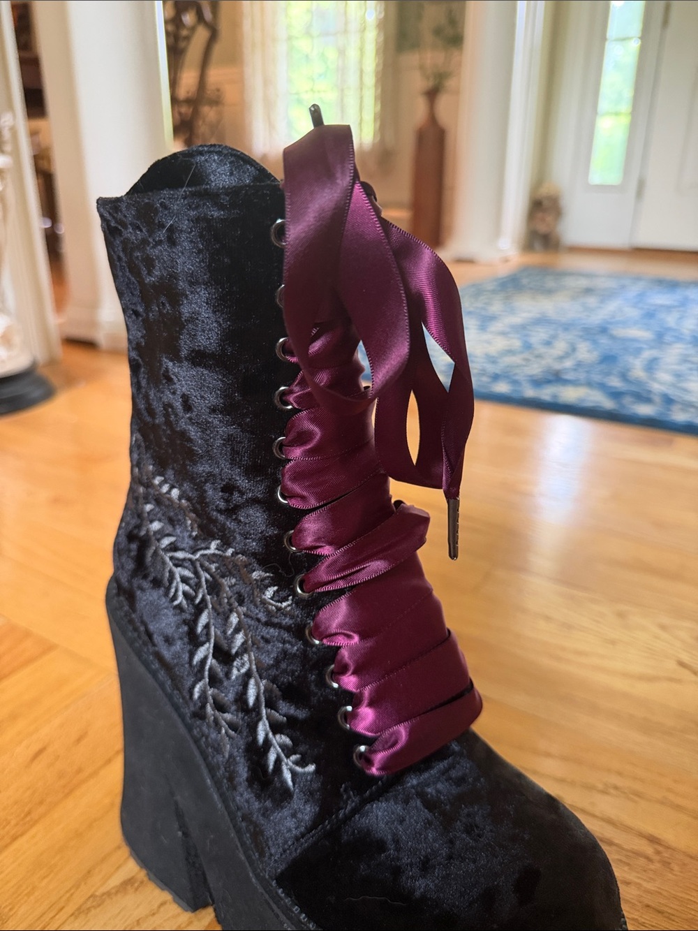 Killstar Black Velvet Platform Ankle Boots with Burgundy Satin Laces - Picture 3 of 4